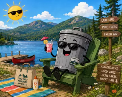 happy trash can enjoying the summer on a beach at the lake